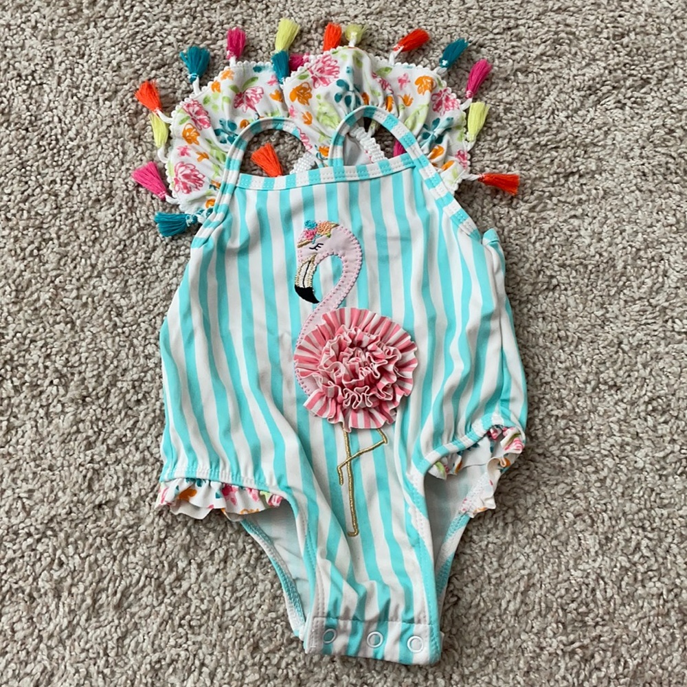 Mud pie flamingo ruffle tassel one piece swim suit snap bottom girls 6-9M